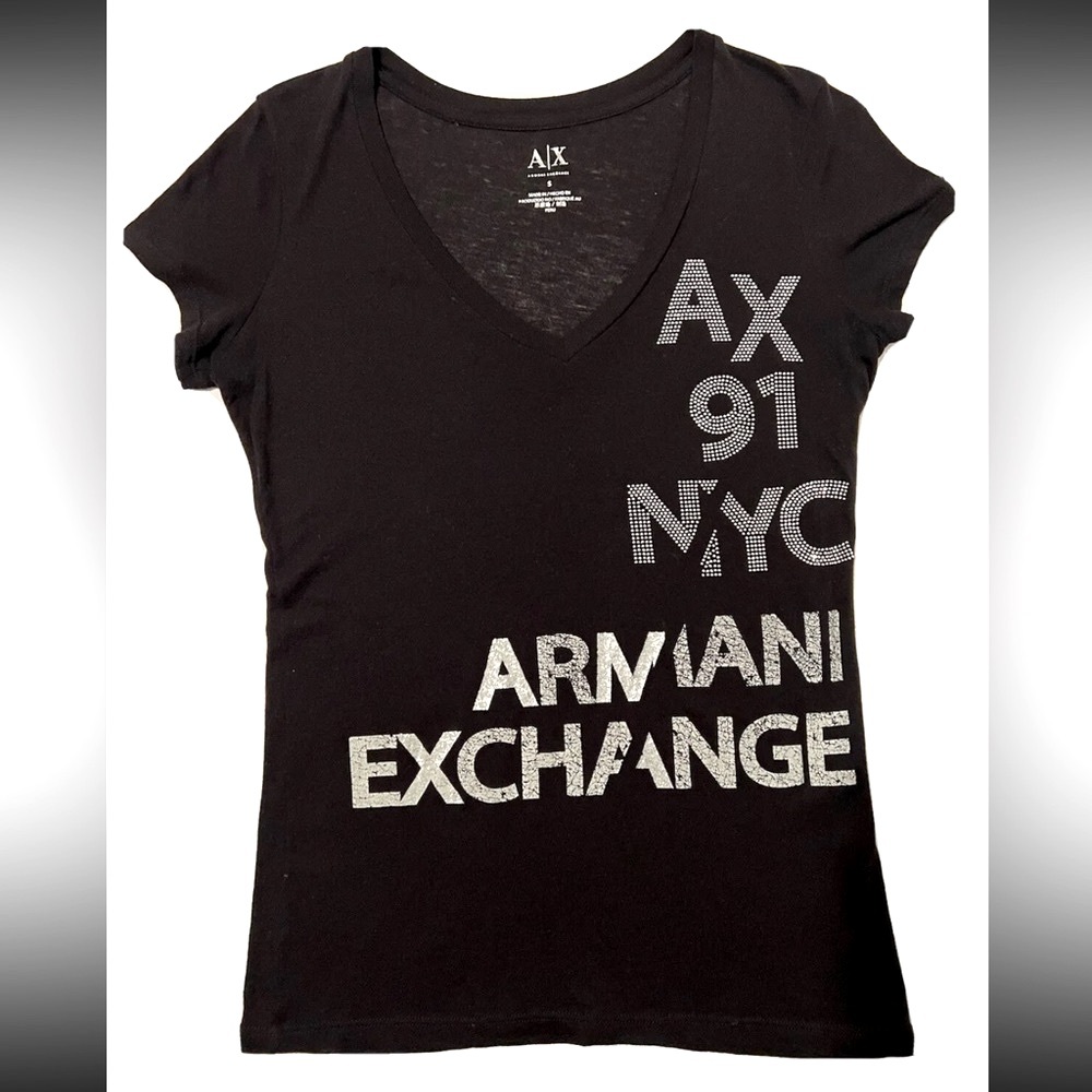 Armani Exchange AlX Womens Black T Shirt Top Embellished Silver Women US Sz S
